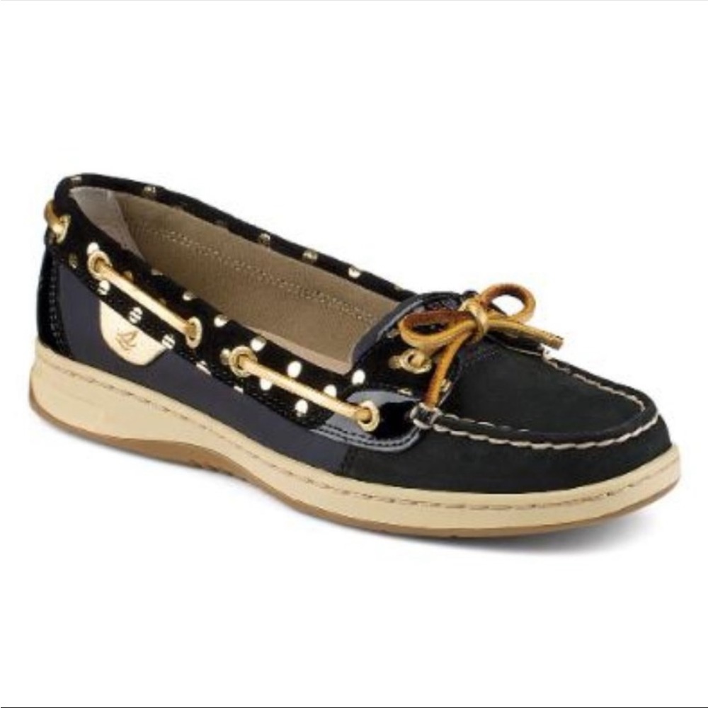 Sperry Black and Gold Foil Dot Angelfish Leather Deck Shoes Size 7